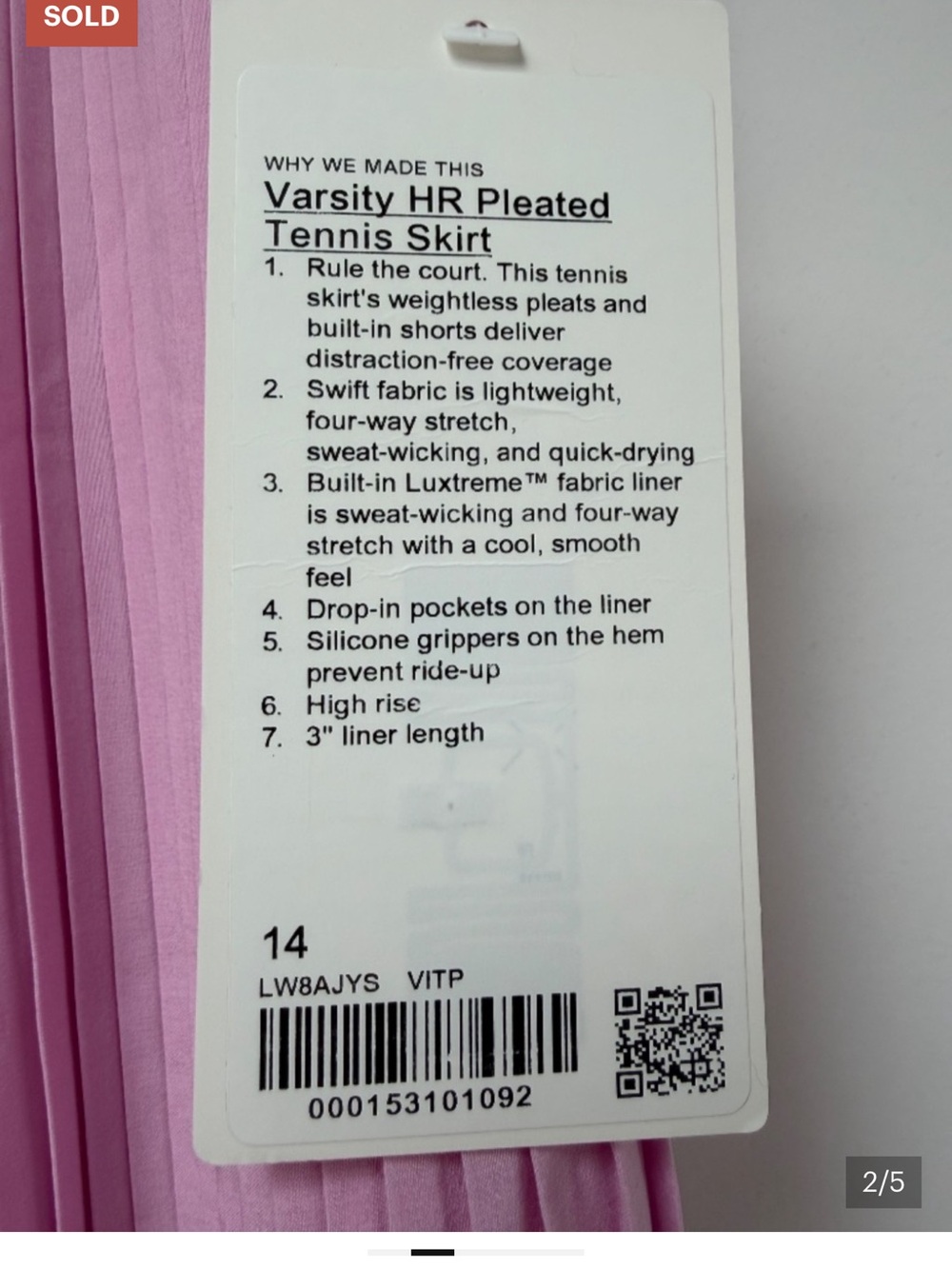 lululemon varsity athletica Pleated Mini Skirt in Light Pink NWT size 14 - Picture 4 of 6